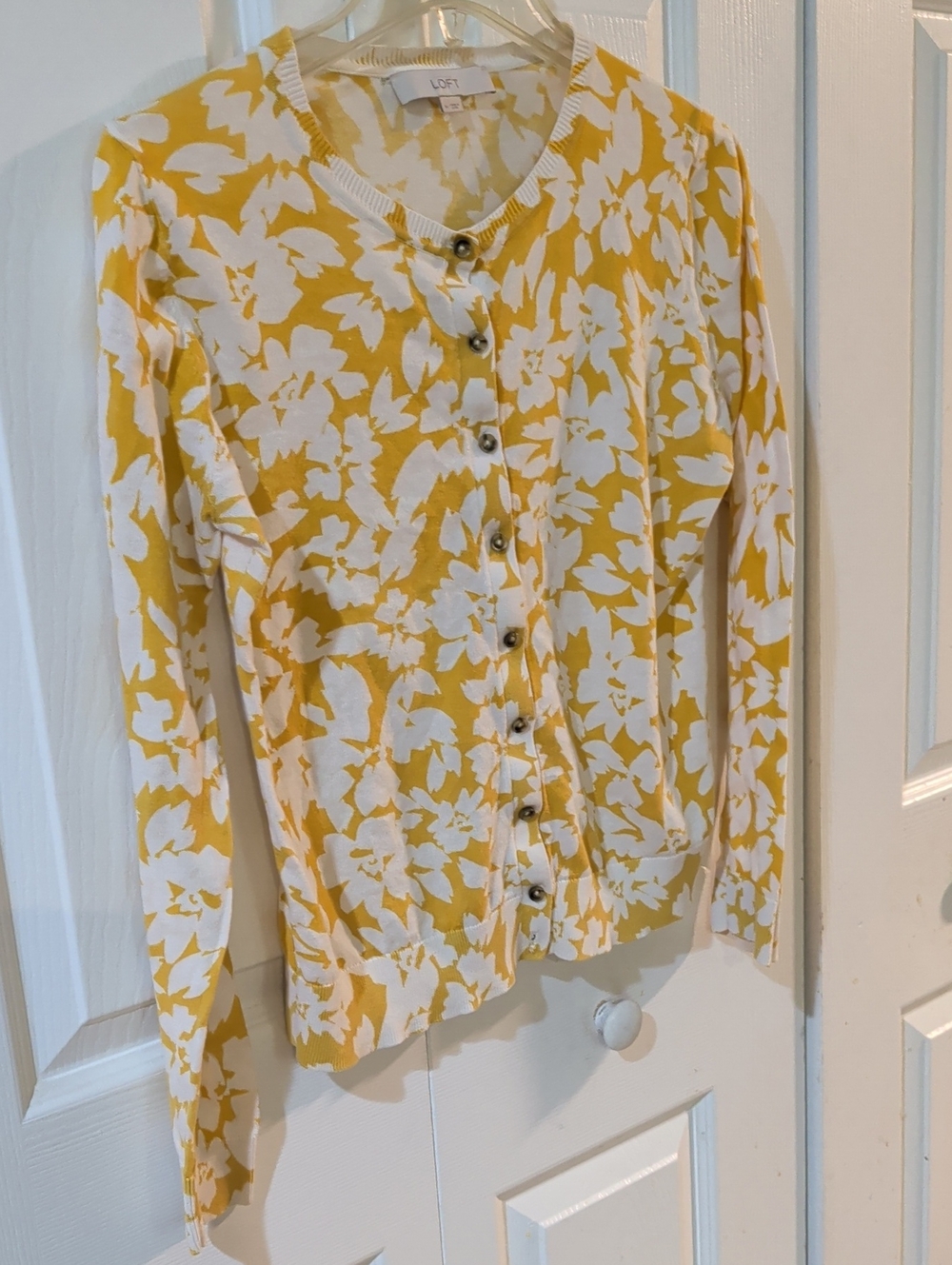 LOFT Yellow & White Floral Button-Front Cardigan